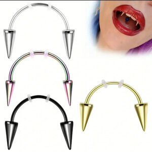 Set of 2 New Unused Stainless Steel Smiley Piercing Vampire Fangs Gold & Rainbow